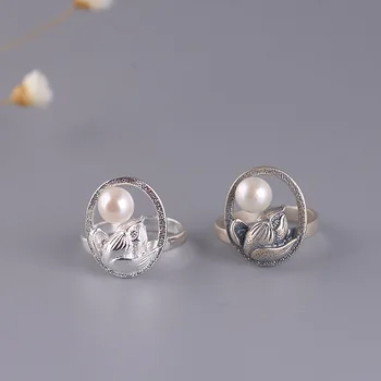 

S925 silver restoring ancient ways female fashion temperament lotus Thai silver pearl ring