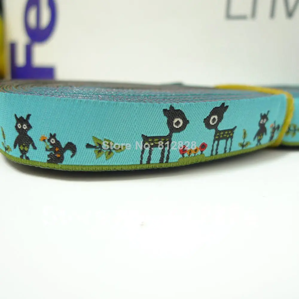 

5/8'' 16mm Wide Bambi Deers Forest Friends Turquoise Tone Woven Jacquard Ribbon Free shipping via DHL EXPRESS