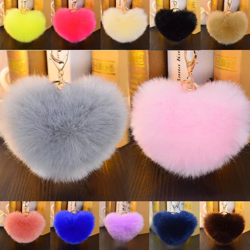 

LNRRABC Fashion Women jewelry Heart Shaped PomPom Faux Rabbit Fur Keychain Key Ring Handbag Car Accessory 18 Colors