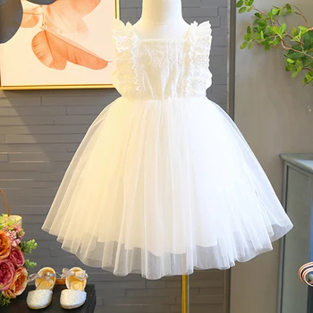 

Baby Girls White Dress Cotton Lace Mesh Tulle Dress Spring Summer Sleeveless Frocks for Kids 3-7years Princess Party Dress