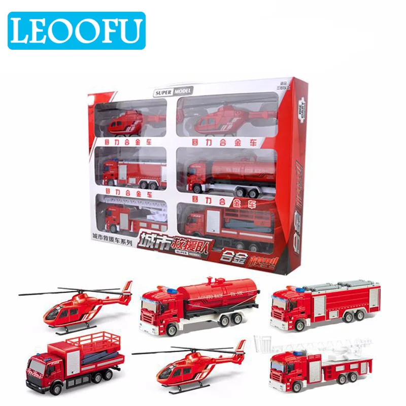 

LEOOFU 6pcs/set toy alloy car pull back alloy truck engineering vehicle fire truck model toy gift for children birthday gift