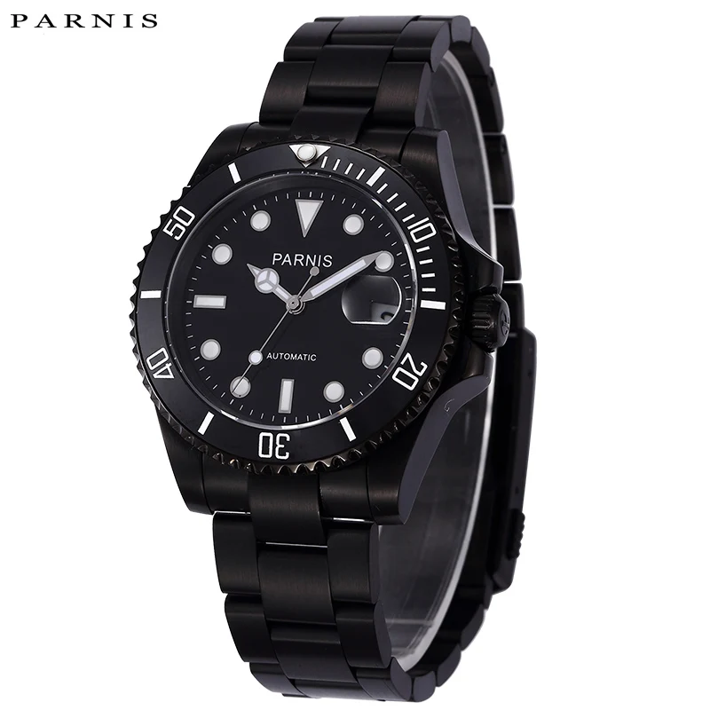 

PARNIS 40mm Men's Mechanical Black Full Stainless Steel Watches Automatic Wristwatch For Men Rotating Bezel Auto Calendar Clock