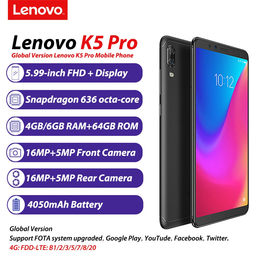 Global Version Lenovo K5 Pro 4050mAh 6GB+64GB Four Cameras 5.99inch Mobile Phone 18:9 Snapdragon636 Octa Core 4G LTE Smartphone Global Version Lenovo K5 Pro 4050mAh 6GB+64GB Four Cameras 5.99inch Mobile Phone 18:9 Snapdragon636 Octa Core 4G LTE Smartphone