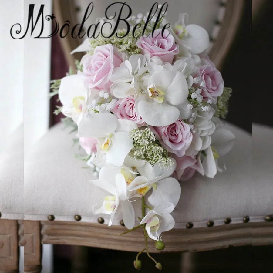 modabelle Ivory Pink Cascading Bridal Bouquets De Mariage Roses Orchid Artificial Silk Flower ...