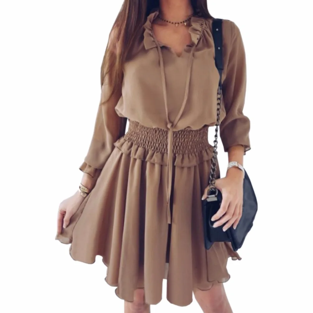 

Autumn Elegant Women Ruffle Office Sashes Dress New 2019 Lady Party Three Quarter Stack Up Ruffles Flare Sleeve Dress Robe GV637