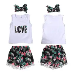 Pudcoco прекрасный Дети маленьких Обувь для девочек Летняя майка футболки цветочные короткие штаны комплект с ободком 3 шт. одежда