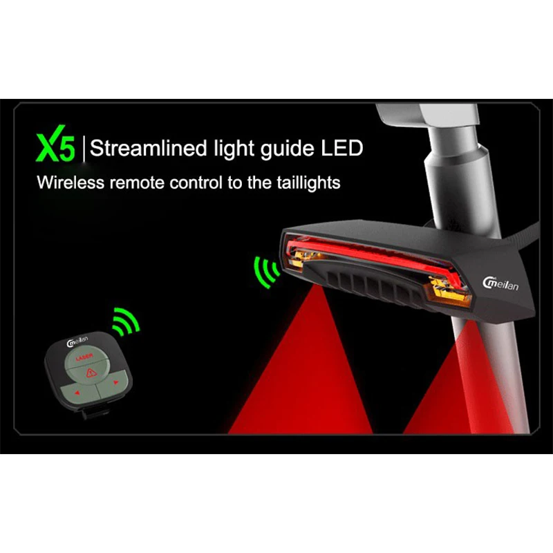 

Cycling Light Turn Signal Bike Rear Tail Led Light Wireless Smart Control Laser Beam USB Chargeable Cycling Taillight Meilan X5
