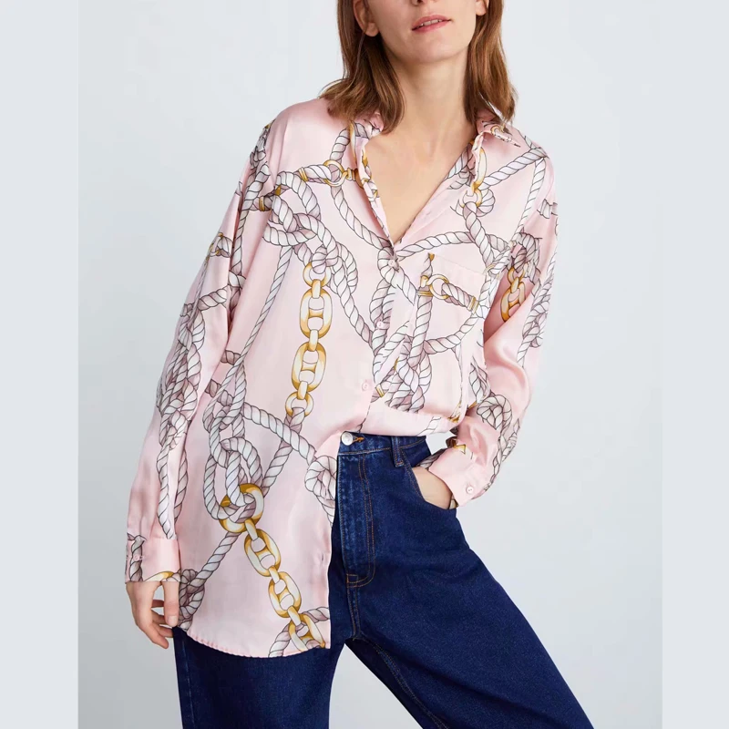 za 2019 SPRING ZA women's oversize knot print women CHAIN PRINT blouses shirts blusa female shirts shorts
