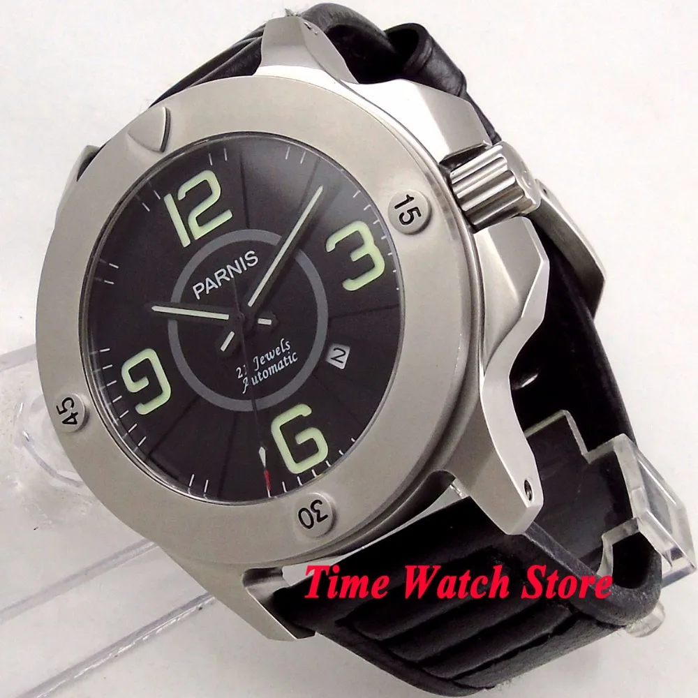 

Solid 47mm PARNIS mechanical auto watch men steel waterproof black dial luminous leather strap jewels japan wrist 1188