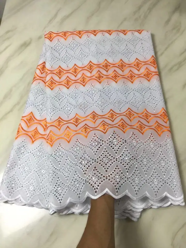 

5 Yards/pc Top sale white african mesh cotton fabric and orange embroidery swiss voile lace for clothes BC10-3