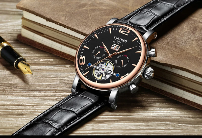 Black Gold Men Automatic Watch Luxury Brand Alloy Leather Band Waterproof Skeleton Mechanical Business Wristwatches Casual Dress (1)