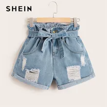 Женские джинсовые шорты SHEIN с рваным свернутым подолом, синие шорты с карманами и высокой талией, летние повседневные Прямые женские джинсовые шорты с поясом