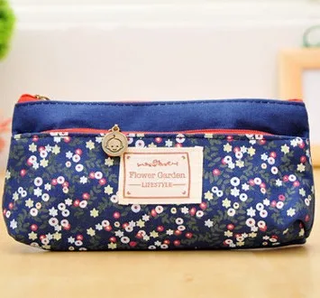 Детские узкие сумка мода pen мешок двойной молнии чистый и свежий цветок косметический Сумки канцелярские принадлежности холст пенал - Цвет: Тёмно-синий