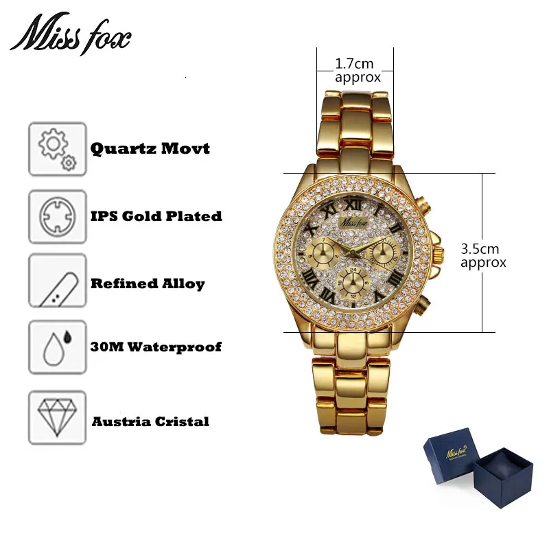 MISSFOX Miss Fox брендовые кварцевые часы для женщин повседневные Золотые женские часы водонепроницаемые женские часы браслет часы из нержавеющей стали