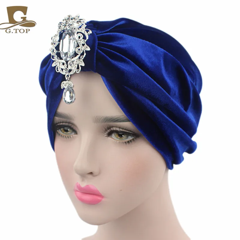 New velvet Turban detachable diamante pendant brooch head wrap christmas party glitter hat wedding