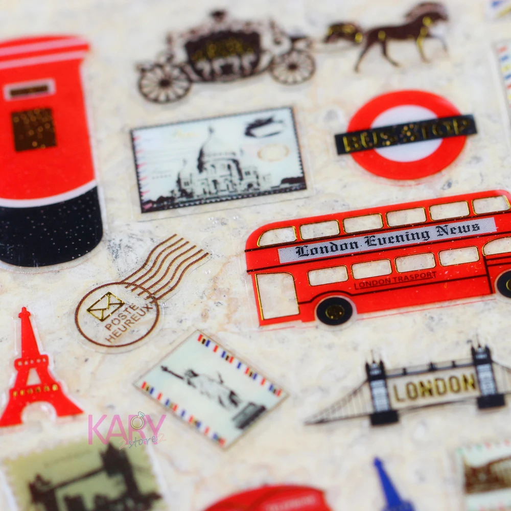 

Paris Tower London Bridge Travel Trip Stamp Mail Envelope Kawaii Emoji Reward Kid Children Scrapbooking Retro Crystal Stickers