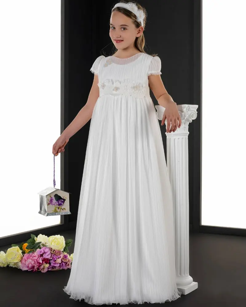 

2017 New Arrival Princess Empire A-Line Ruched Tulle First Communion Dress Elegant Cup Sleeves Long Floor A-Line Girl Prom Gown
