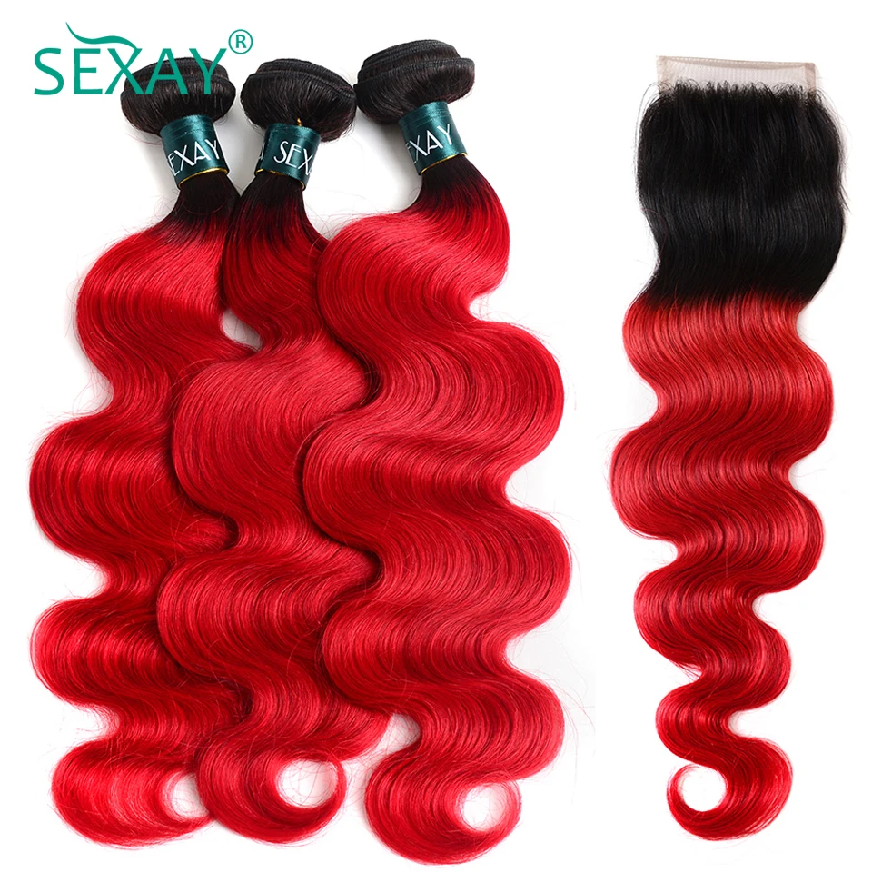  Ombre Bundles With Closure Brazilian Body Wave 3 Bundles Pack With Closure Sexay Pre-Colored 1B/Red