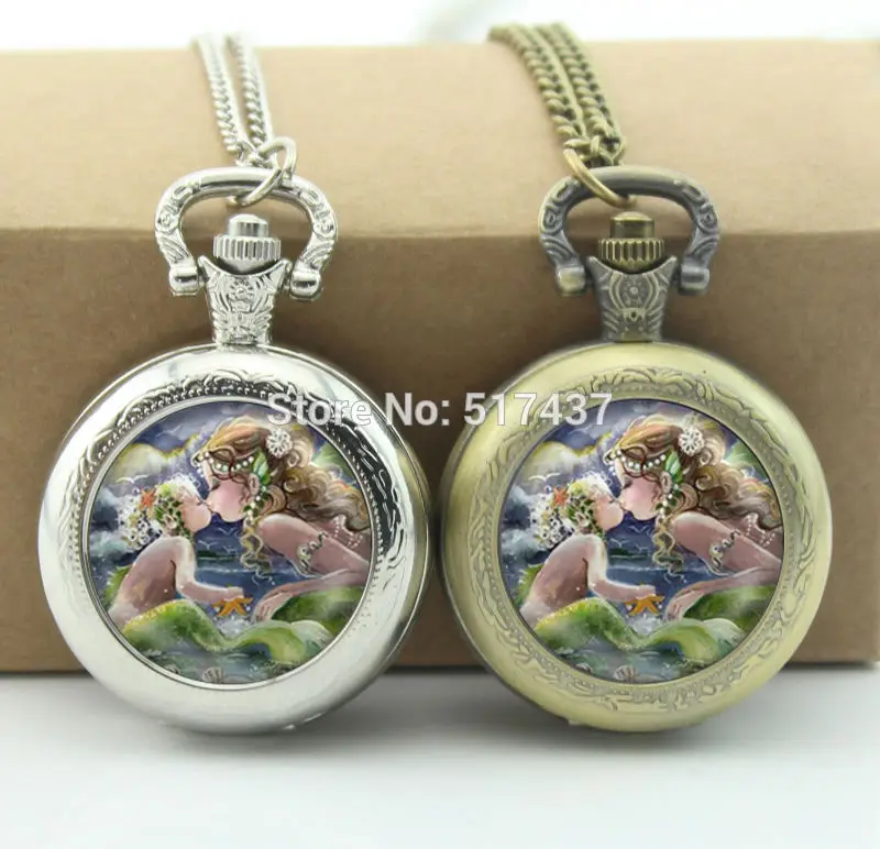 

Mermaid Kissing Baby Pocket Watch Glass Locket Necklace Vintage Bronze Pocket Watch Necklace