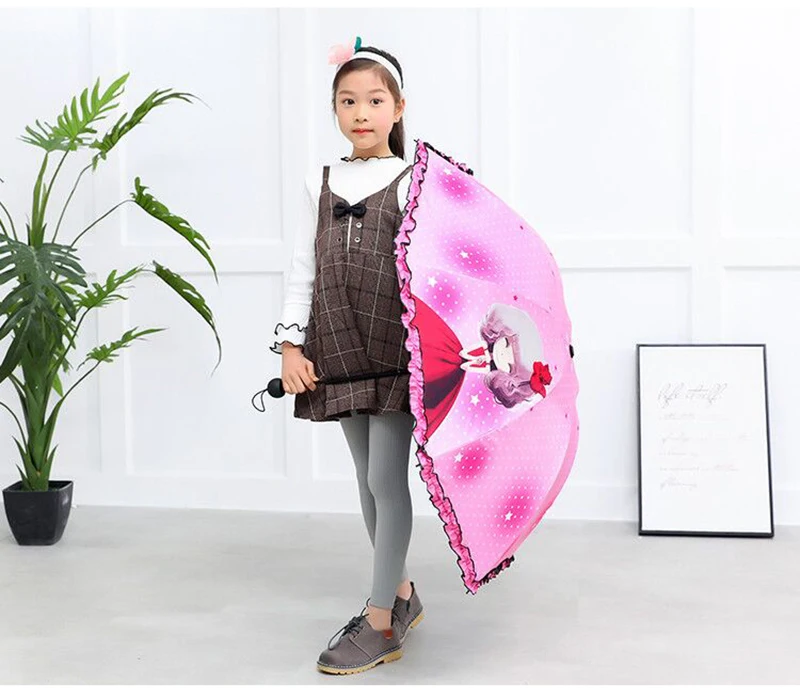Korea cute princess children umbrella male and female primary school female folding umbrella black plastic sunscreen cartoon rain dual-use umbrella32