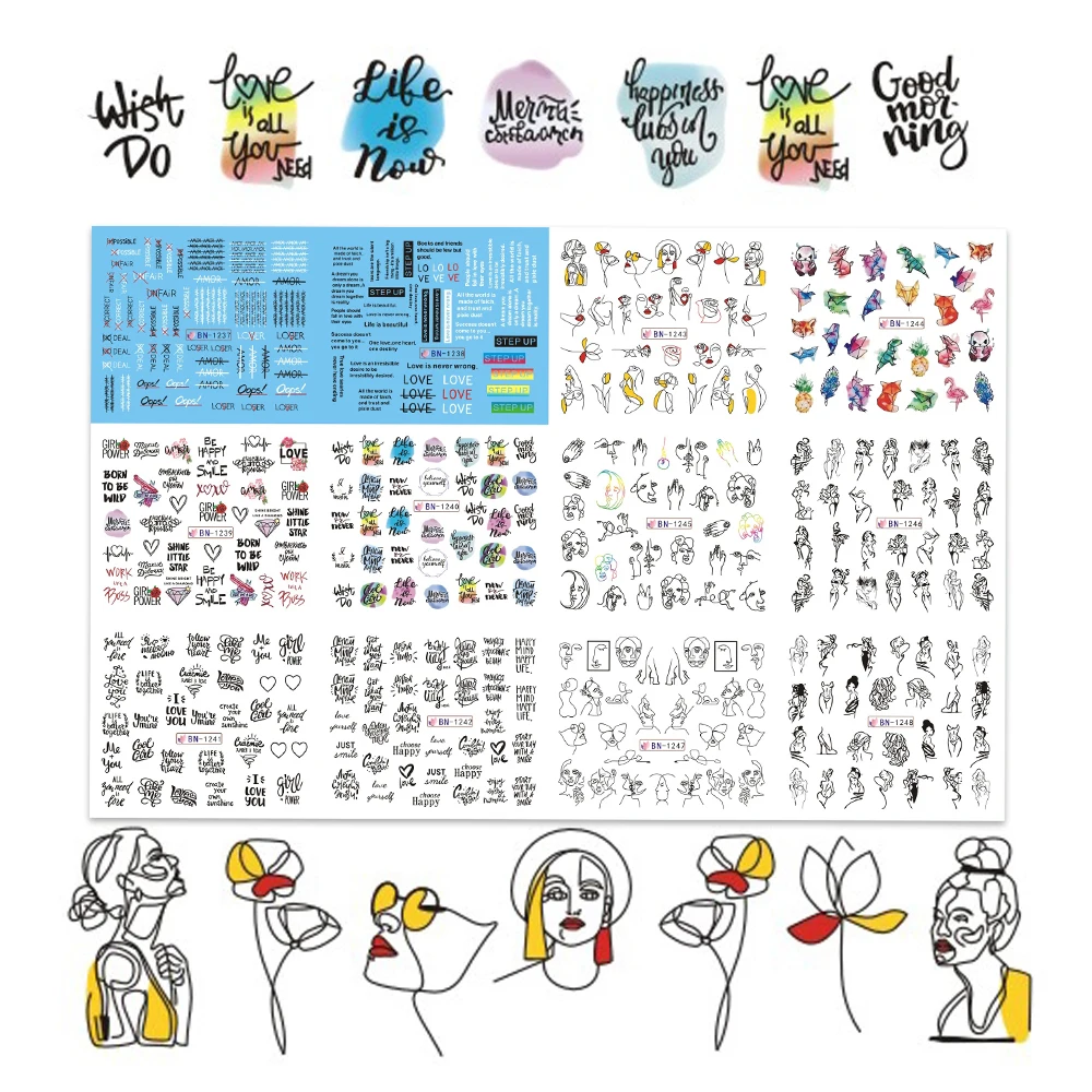 

12patterns/sheet Black Line Coloful Abstract Image Nail Sticker Decals Sexy Girl Water Transfer Slider For Nails Art