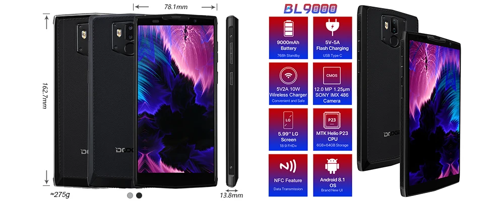 DOOGEE BL9000 смартфон 5V5A Flash Charge 9000 мАч Беспроводная зарядка 6 ГБ 64 Гб Helio P23 Octa Core 5,99 "FHD + Android 8,1