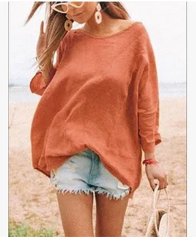 

HEFLASHOR Casual Linen T Shirt Women Three Quarter O-Neck Long Tee Shirt Femme Solid Loose Oversized T Shirt Summer Beach Shirts
