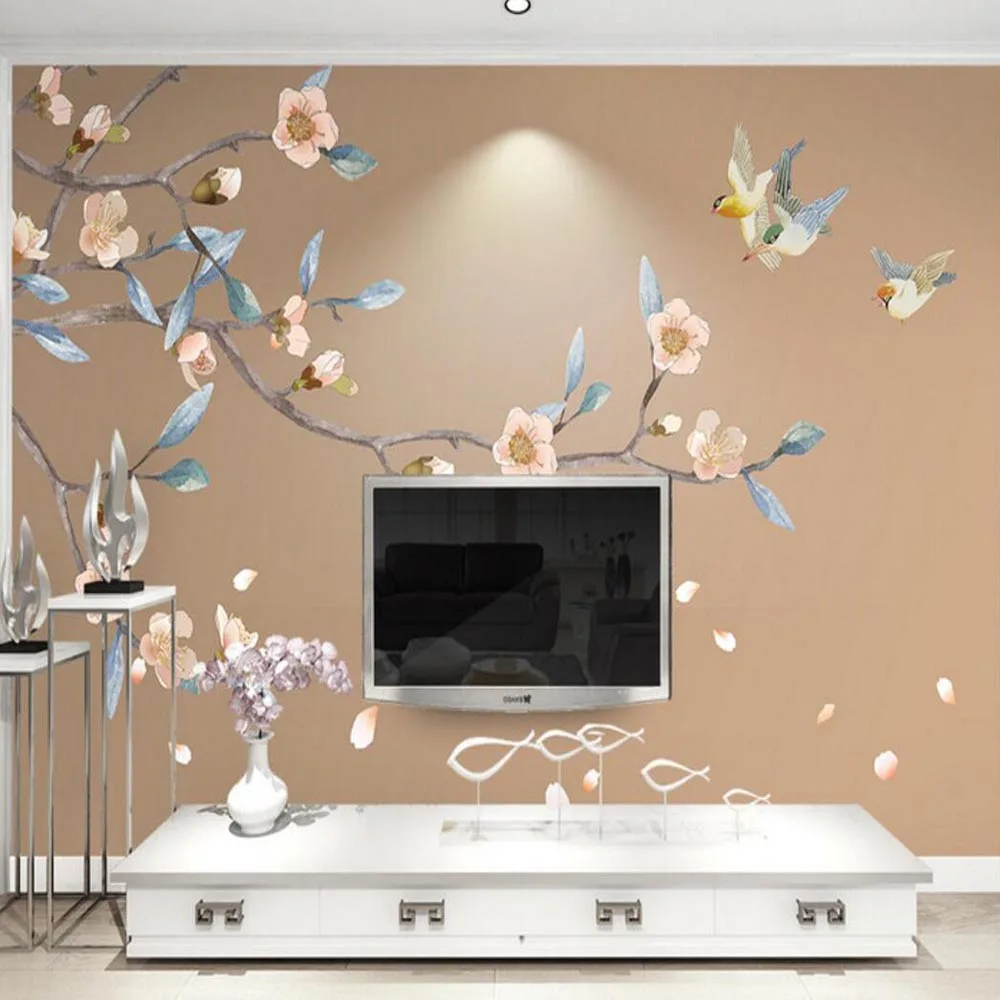 

Peach Blossom Flower Bird Photo Mural Wallpapers for Living Room Home Wall Art Decor Wall Paper Roll 3d papel de parede floral