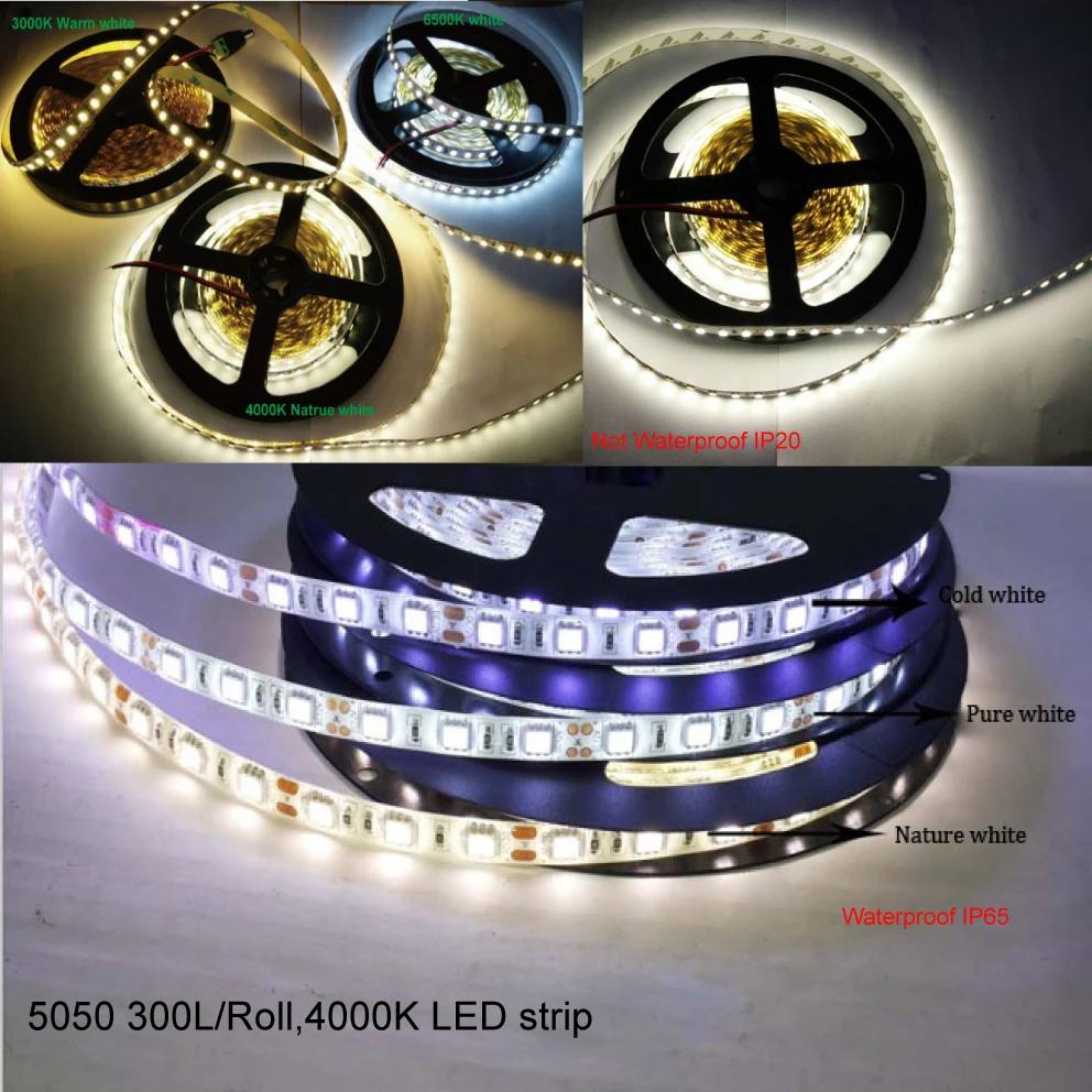 Высокая яркость натуральный белый 4000 K Светодиодные полосы DC12V SMD 5050 5 м 60led/M гибкая светодиодная лента декорация внутри снаружи свет