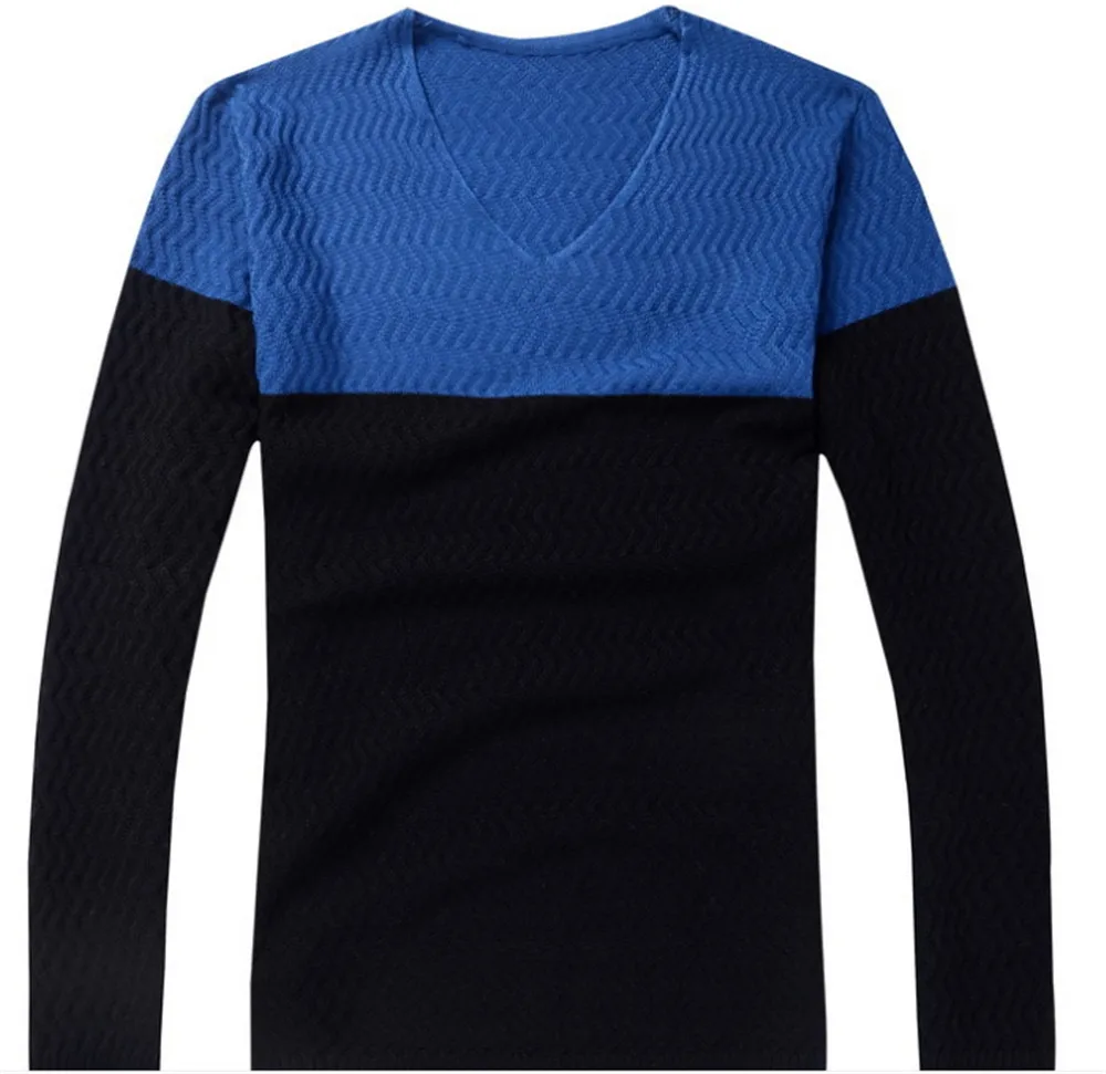 Свитер, осенний брендовый однотонный вязаный пуловер с v-образным вырезом и длинными рукавами, облегающий мужской модный топ, хлопковый трикотаж, M, L, XL, XXL - Цвет: Синий