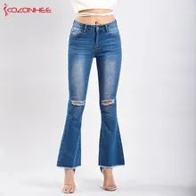 Модные Стрейчевые женские расклешенные джинсы, растягивающиеся широкие джинсы с дырками, женские брюки, расклешенные джинсы размера плюс# k33