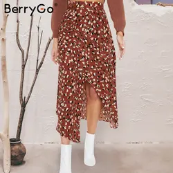 BerryGo для женщин юбка лето 2019 г. с высокой талией в стиле бохо юбки для принт Асимметричный длинный женские юбки праздник Пляж плюс размеры