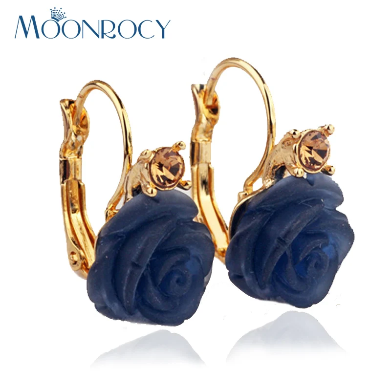 

MOONROCY Drop Shipping Fashion Jewelry Rose Gold Color Earrings For Women Blue Rose Flower Crystal Earrings for Women Gift