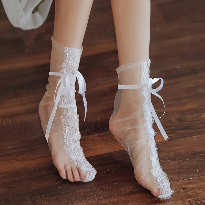 

Women Transparent Mesh Lace Bow Stockings Lingerie Sexy Lolita Bundled Gauze Silk White Hosiery Vintage Medias de mujer