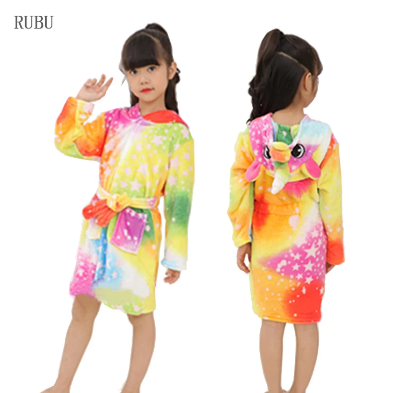 Детский банный халат с рисунком единорога для мальчиков и девочек, банные халаты с капюшоном, пляжные банные халаты для детей, фланелевые детские пижамы - Цвет: Colored stars