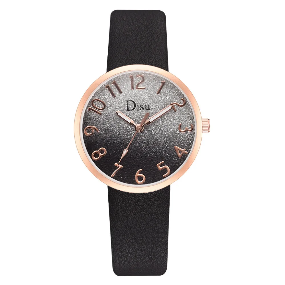 

Disu Ladies Watches Gradient matte dial Reloj mujer Leather Band Fashion Women's Watch Quartz Wrist Watch Analog Round Clock B50