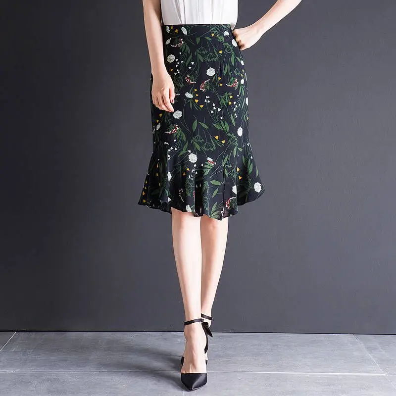 

New Summer Women Casual Floral Print High Waist Ruffles Skirt Female Vintage Plus Size 4XL Chiffon Slim Midi Mermaid Skirts S10