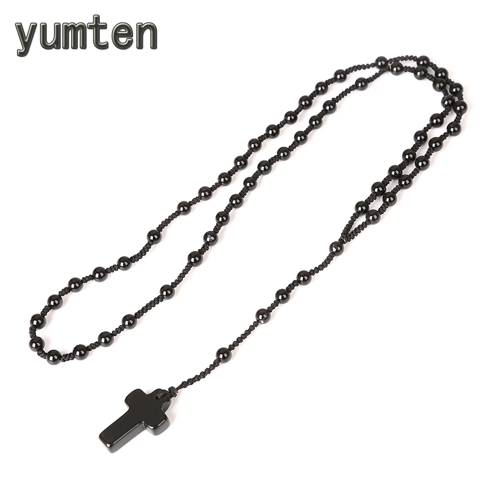 

Yumten Black Agate Pendant Cross Long Necklace Religious National Ornament Exquisite Natural Gems Crystal Boy Jewelry Gift Class