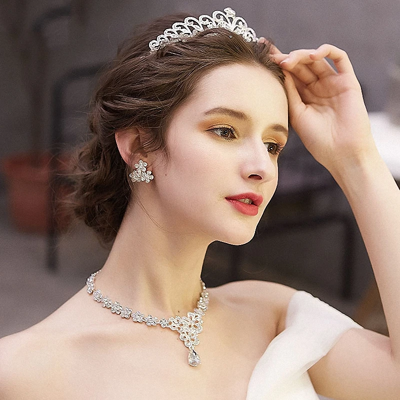 

Rhinestone Jewelry Set for Wedding Bridal Princess Tiara Headdress Beaded Necklace Statement with Earrings Bijoux Engagement New