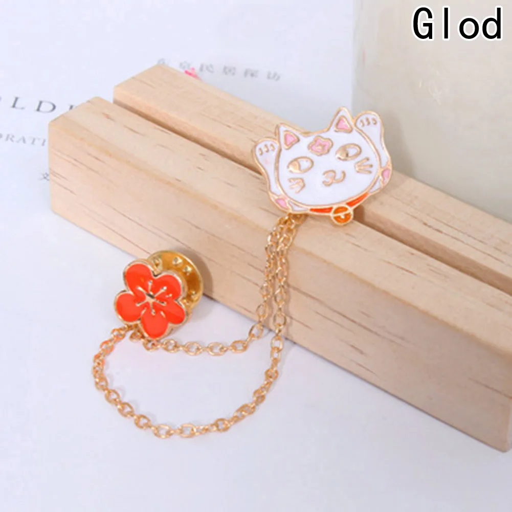 

Fashion Jewelry Fortune Cat Kitten Red Flower Brooch Metal Enamel Animal Button Pins With Chain T-shirt Jacket Bag Pin