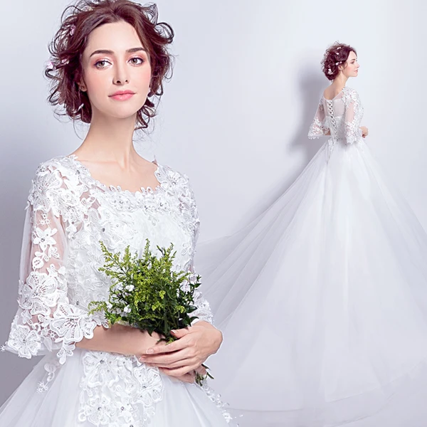 

2017 new stock plus size women pregnant bridal gown wedding dress square collar half sleeve long big tail train ball gown 6910