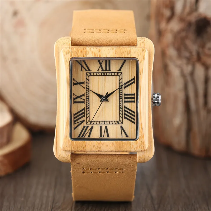 

Fashion Rectangle Dial Quartz Women's Creative Watches Analog Bangle Nature Wood Wristwatch Genuine Leather Men Bamboo Watch