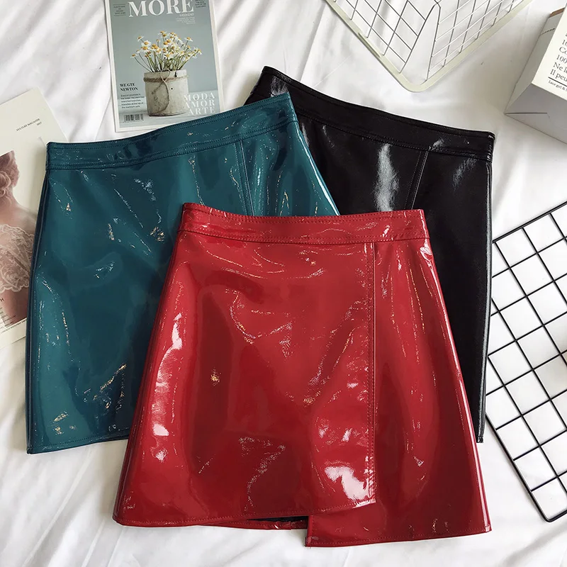 

MUMUZI New fashion Women Ladies High Waist Skirts Faux Leather sexy Bodycon Irregular Split party casual Mini Skirt Saias