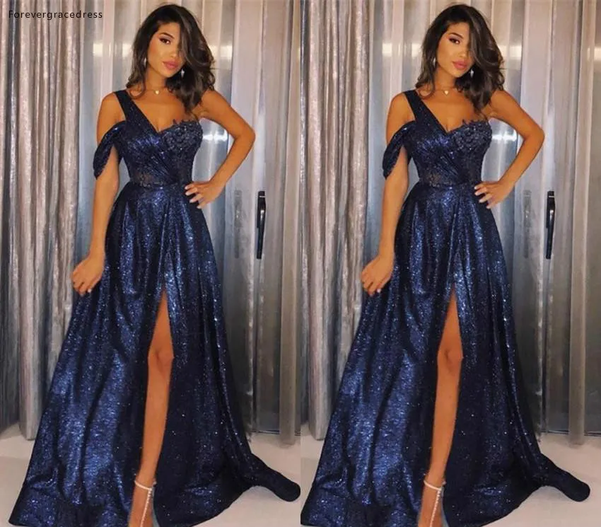 Reflective Blue Sequined Prom Dresses 2019 Sexy High Thigh Split A Line One Shoulder Strap Evening Gowns Formal Vestidos BC1169  119 (4)