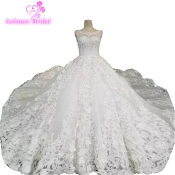 شراءAOLANES 2018 زفاف فاخر ذيل شابيل دانتيل فساتين الزفاف حفلة Vestido De Noiva كريستال مطرز بالخرز فساتين الزفاف
