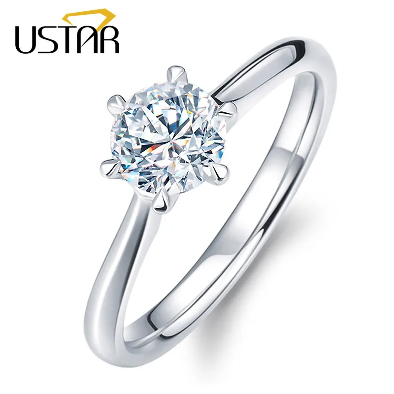 USTAR, классические кольца с шестью когтями, 1 карат, 6 мм, циркон, обручальные кольца для женщин, ювелирные изделия серебряного цвета, обручальные кольца для женщин, Anel Bijoux, подарок