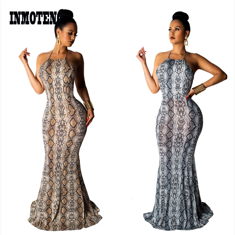 INMOTENG Sexy Spaghetti Straps Snake Print Halter Sleevless Backless Casual Maxi Dress 2019 New Arrival Slinky Dresses For Women | Женская
