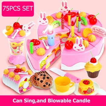 

37-75pcs Set DIY Pretend Play Cut Cake Toys Birthday Cake with Music Light Kitchen Food Toys Cocina De Juguete for Girls Gift