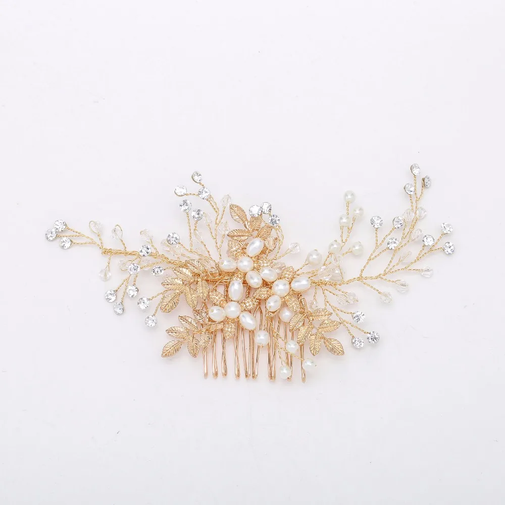 

SLBRIDAL Handmade Wired Rhinestones Crystals Pearls Flower Leaf Wedding Hair Comb Bridal Headpiece Hair Accessories Bridesmaids