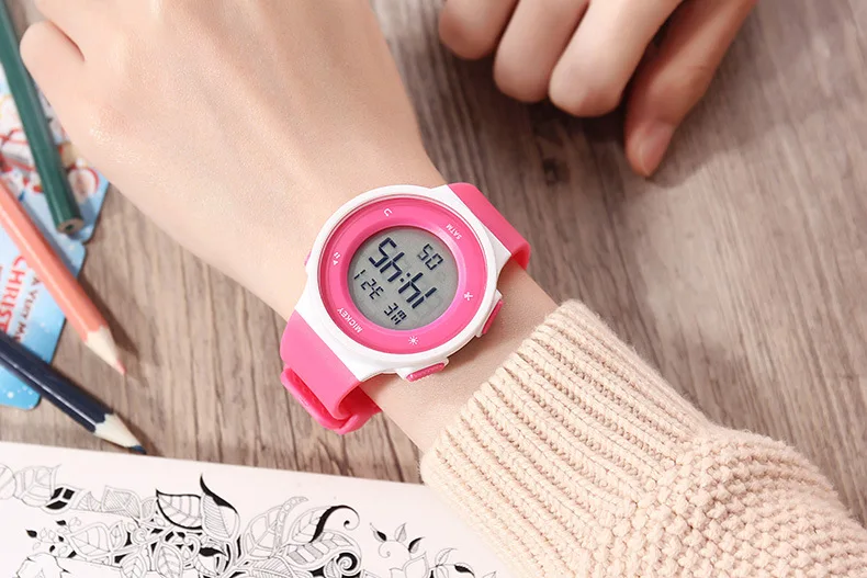 Disney брендовые Детские резиновые ручные часы цифровые водонепроницаемые часы для девочек и мальчиков Красные bule черные студенческие часы